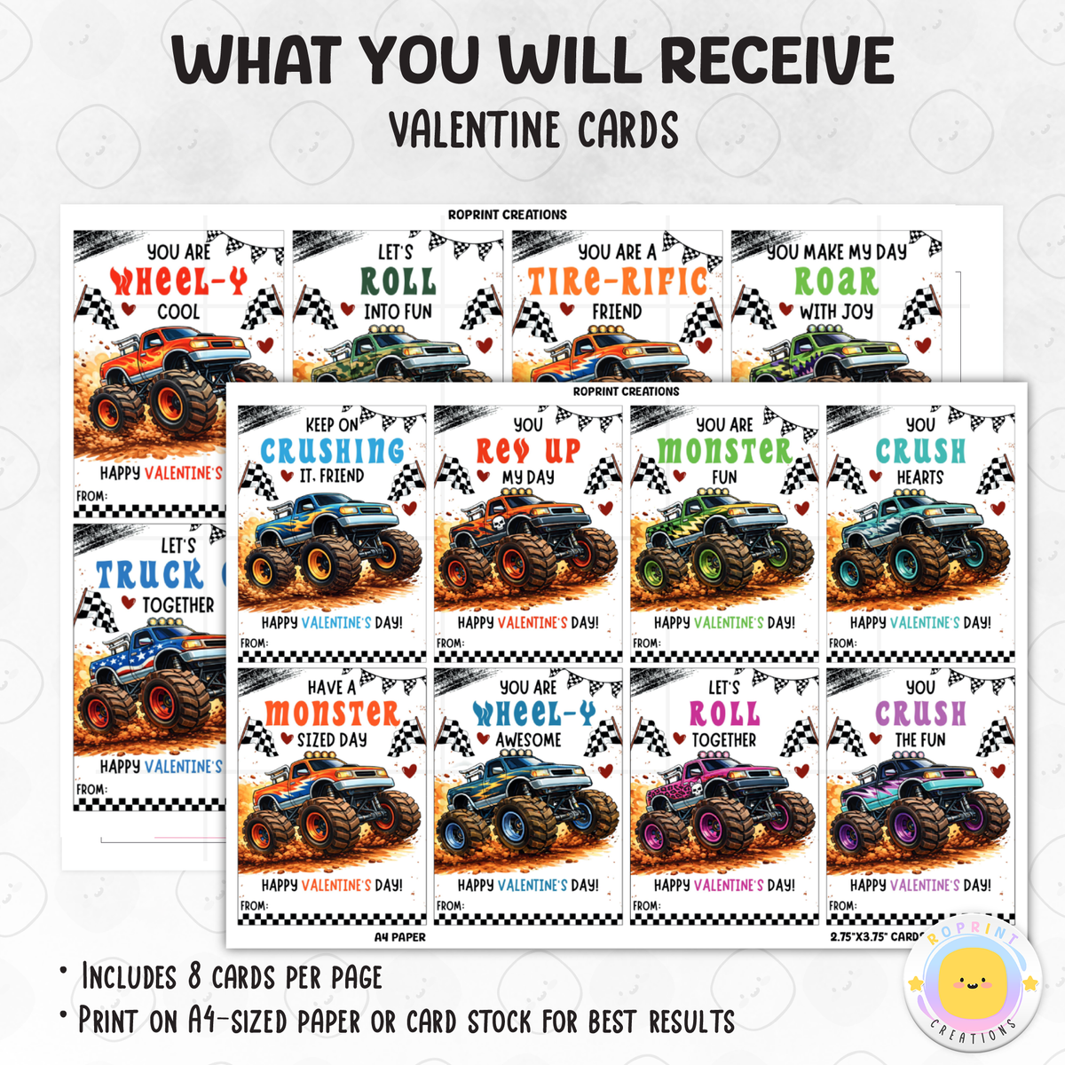 Monster truck Valentine cards for kids, printable truck classroom Valentine exchange cards