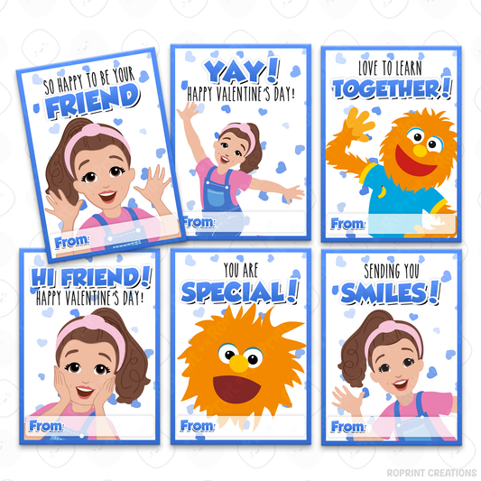 Ms. Rachel Blue Valentine Cards for Preschool, printable classroom valentines for kids, educational blue-themed kids valentine cards