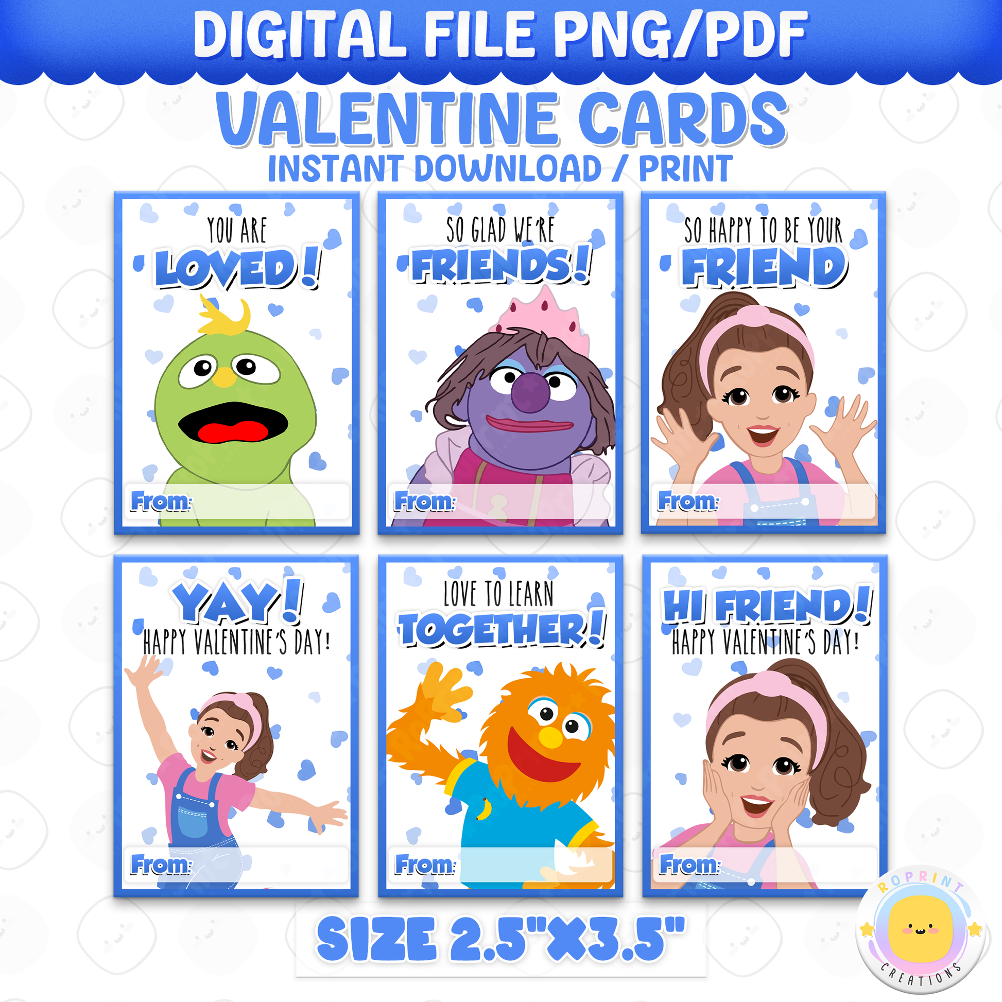 Ms. Rachel Blue Valentine Cards for Preschool, printable classroom valentines for kids, educational blue-themed kids valentine cards