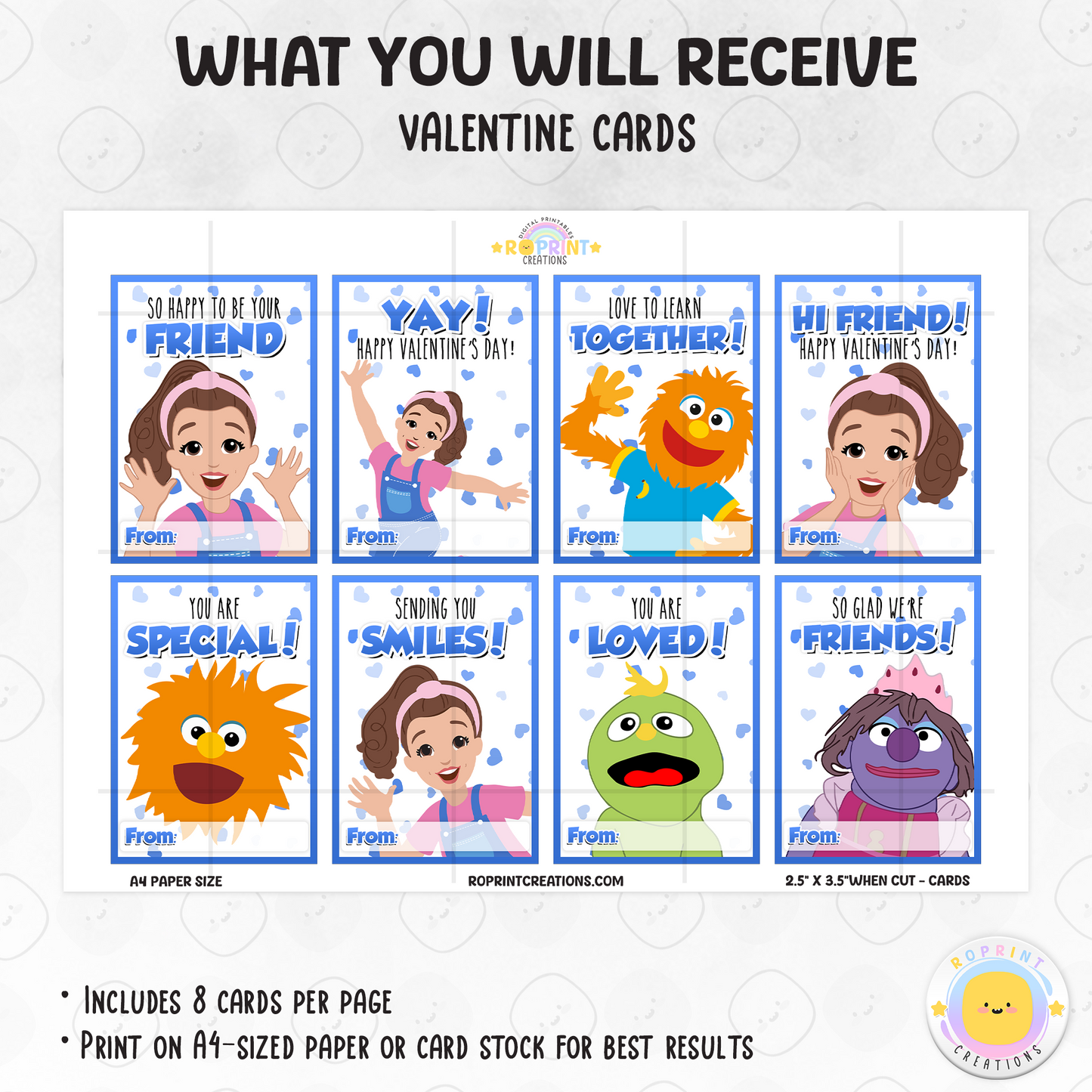 Ms. Rachel Blue Valentine Cards for Preschool, printable classroom valentines for kids, educational blue-themed kids valentine cards