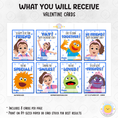 Ms. Rachel Blue Valentine Cards for Preschool, printable classroom valentines for kids, educational blue-themed kids valentine cards