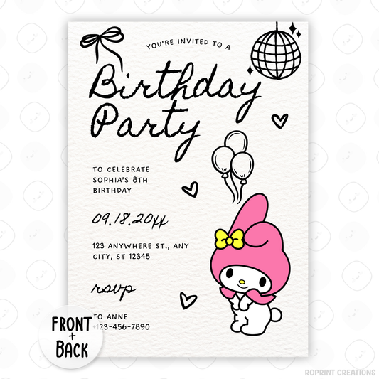Celebrate with My Melody! This cute birthday invitation is fully editable in Canva—print at home or share digitally for a fun party surprise. Instant download