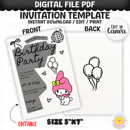 Celebrate with My Melody! This cute birthday invitation is fully editable in Canva—print at home or share digitally for a fun party surprise. Instant download