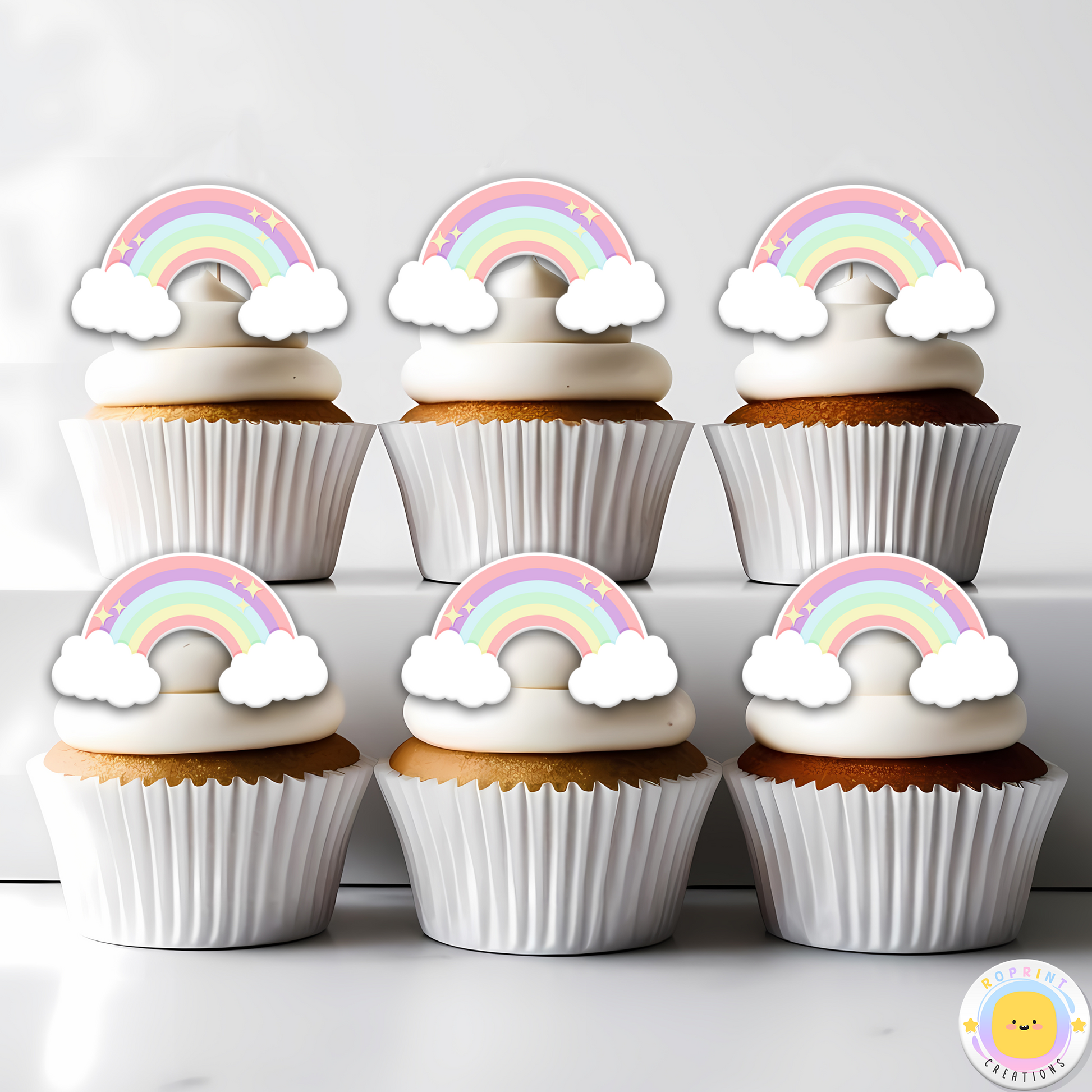 Digital printable pastel rainbow cupcake toppers, ideal for adding a colorful touch to kids' party treats.