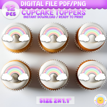 Digital printable pastel rainbow cupcake toppers, ideal for adding a colorful touch to kids' party treats.