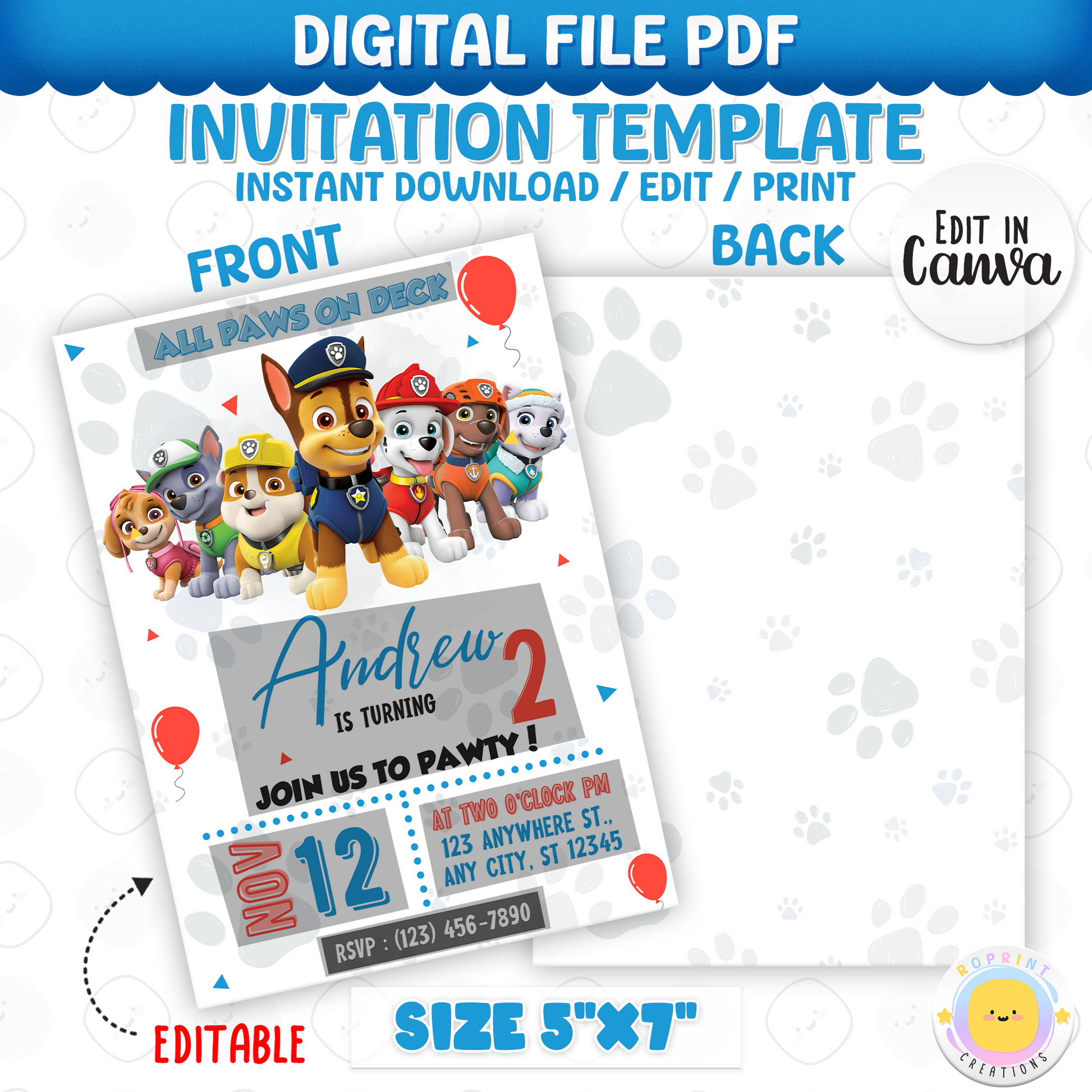 Get ready to paw-ty! This Paw Patrol invitation is fully editable in Canva. Personalize, print, or share digitally in minutes. Instant download