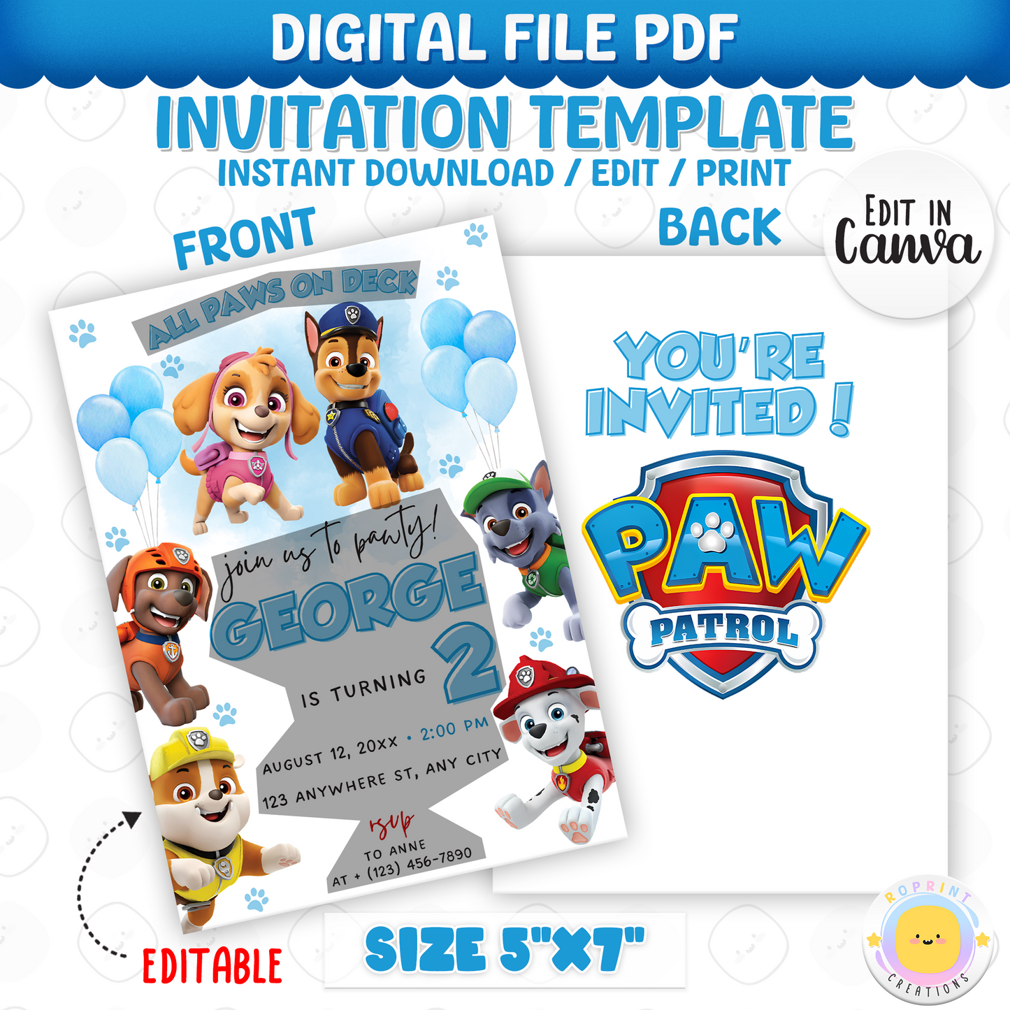 Get ready to paw-ty! This Paw Patrol invitation is fully editable in Canva. Personalize, print, or share digitally in minutes. Instant download
