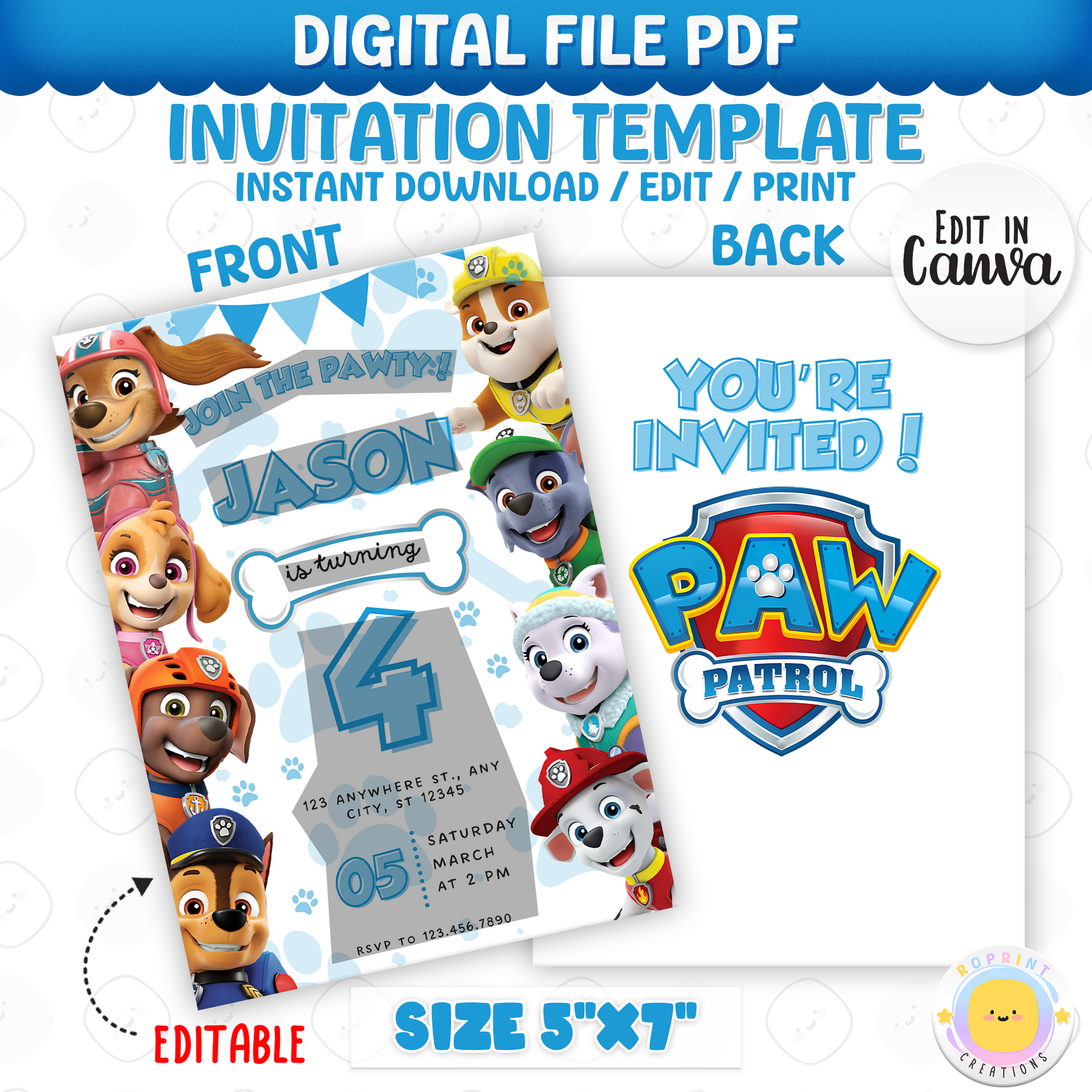 Get ready to paw-ty! This Paw Patrol invitation is fully editable in Canva. Personalize, print, or share digitally in minutes. Instant download