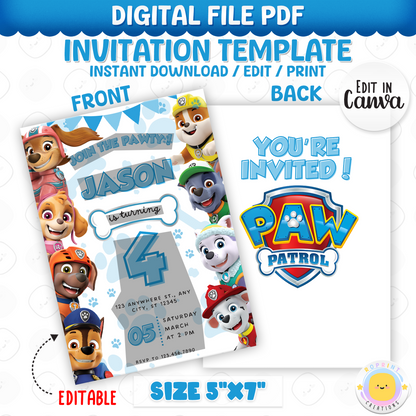 Get ready to paw-ty! This Paw Patrol invitation is fully editable in Canva. Personalize, print, or share digitally in minutes. Instant download