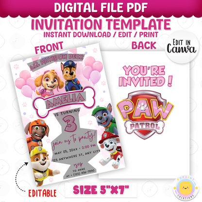 Make your little one’s day special with this pink Paw Patrol birthday invite! Easily editable in Canva and ready to print or share digitally. Instant download