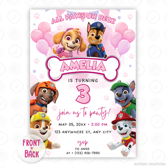 Make your little one’s day special with this pink Paw Patrol birthday invite! Easily editable in Canva and ready to print or share digitally. Instant download