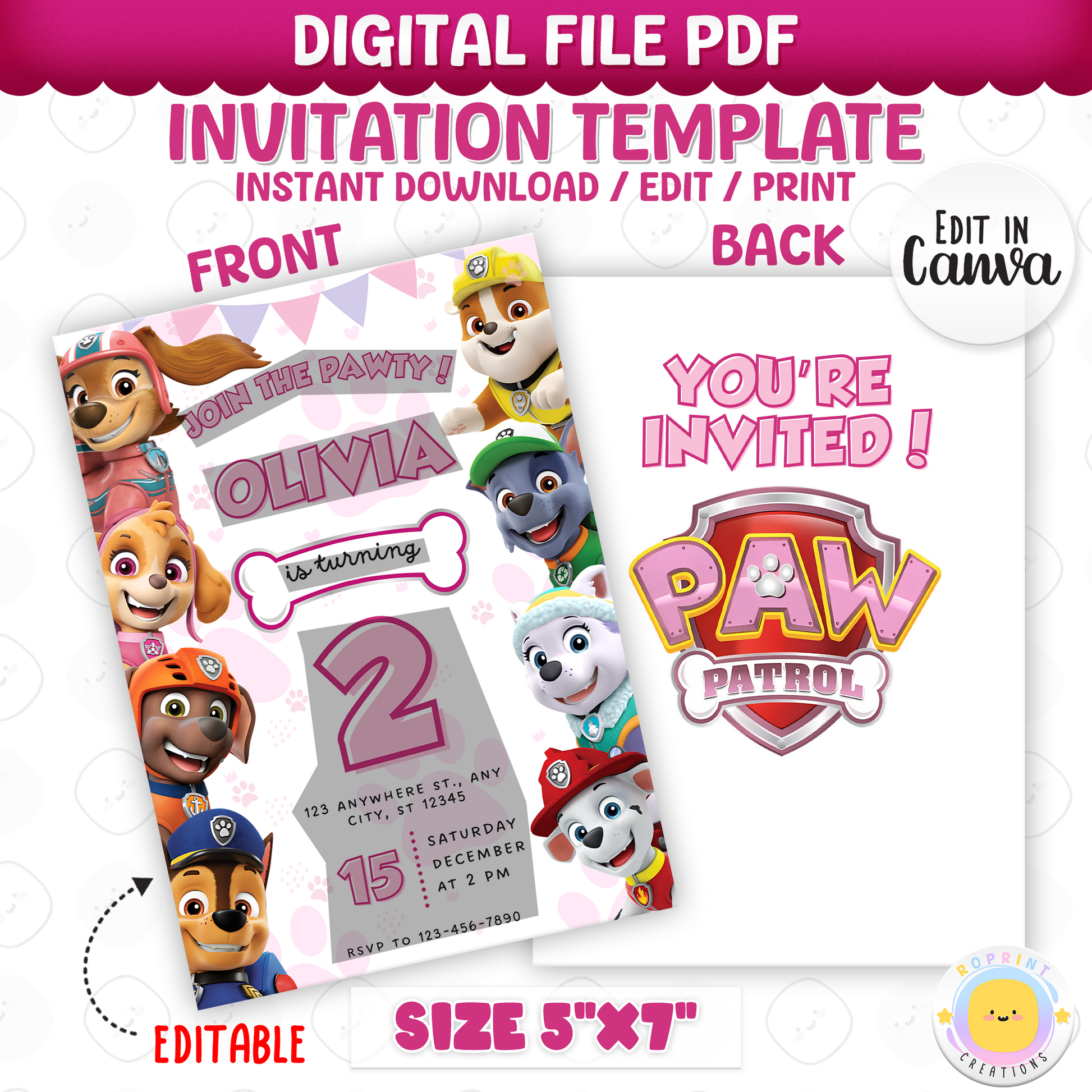 Make your little one’s day special with this pink Paw Patrol birthday invite! Easily editable in Canva and ready to print or share digitally. Instant download