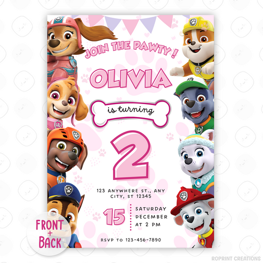 Make your little one’s day special with this pink Paw Patrol birthday invite! Easily editable in Canva and ready to print or share digitally. Instant download