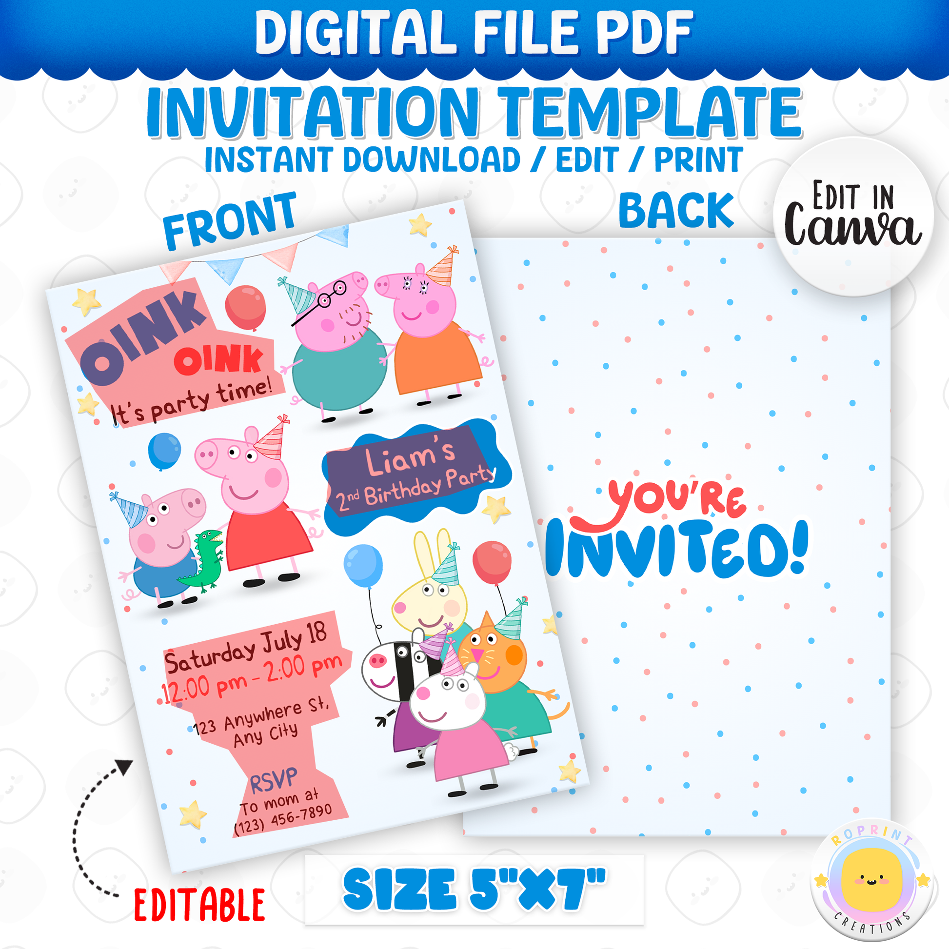 Celebrate your little one’s birthday with this cute Peppa Pig Birthday Invitation! Easily edit, download, print, or share digitally for a fun and stress-free party invite.