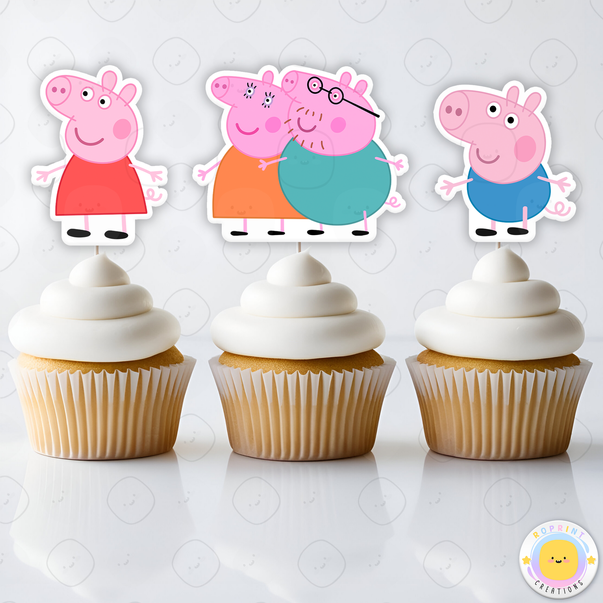 Peppa Pig Cupcake Toppers - Peppa Pig Birthday Cupcake Toppers. Add a fun touch to your celebration with these Peppa Pig Cupcake Toppers! Instantly download, print, and assemble for a unique party decoration. These toppers can also be printed on edible paper or sticker paper to create fun stickers. Digital file only.