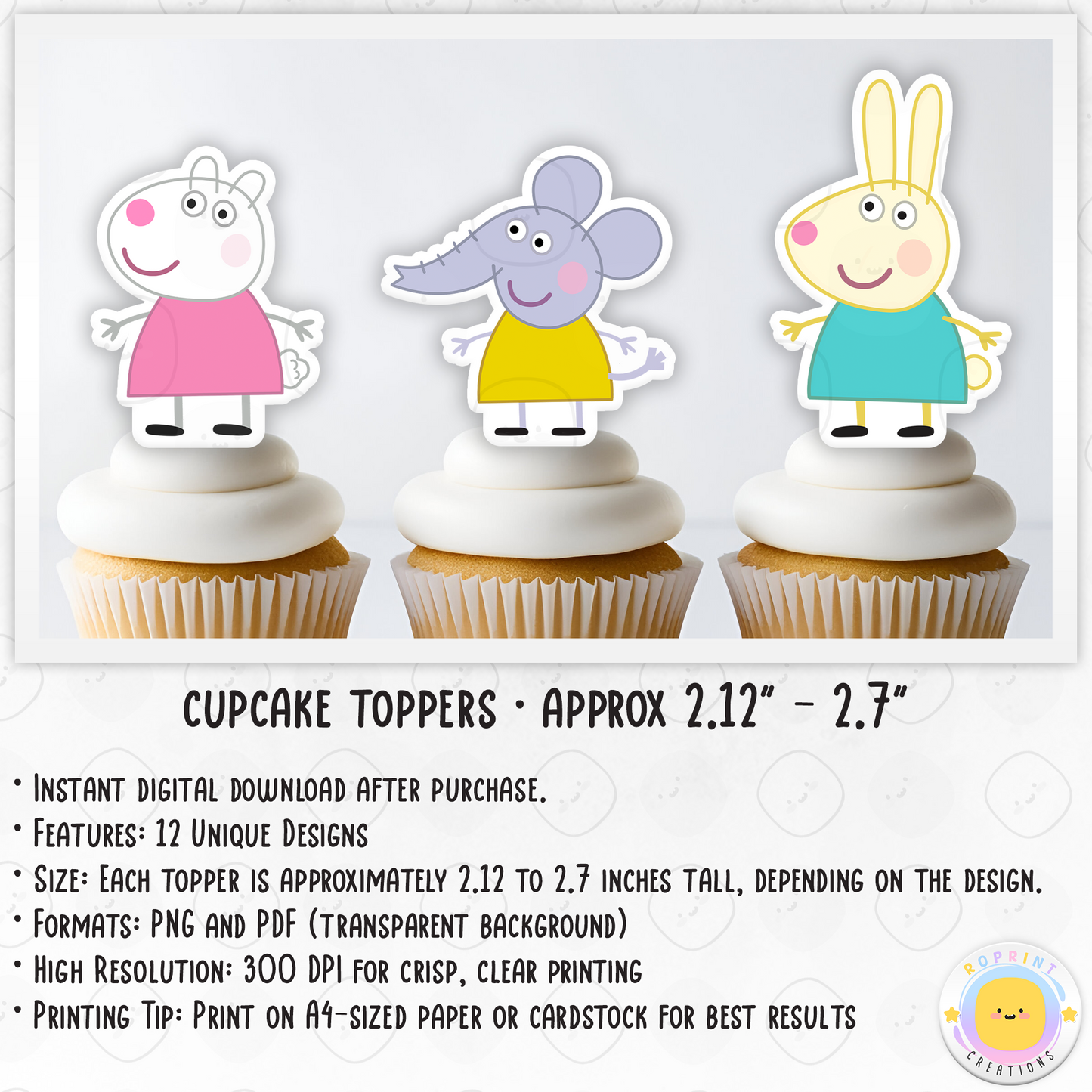 Peppa Pig Cupcake Toppers - Peppa Pig Birthday Cupcake Toppers. Add a fun touch to your celebration with these Peppa Pig Cupcake Toppers! Instantly download, print, and assemble for a unique party decoration. These toppers can also be printed on edible paper or sticker paper to create fun stickers. Digital file only.