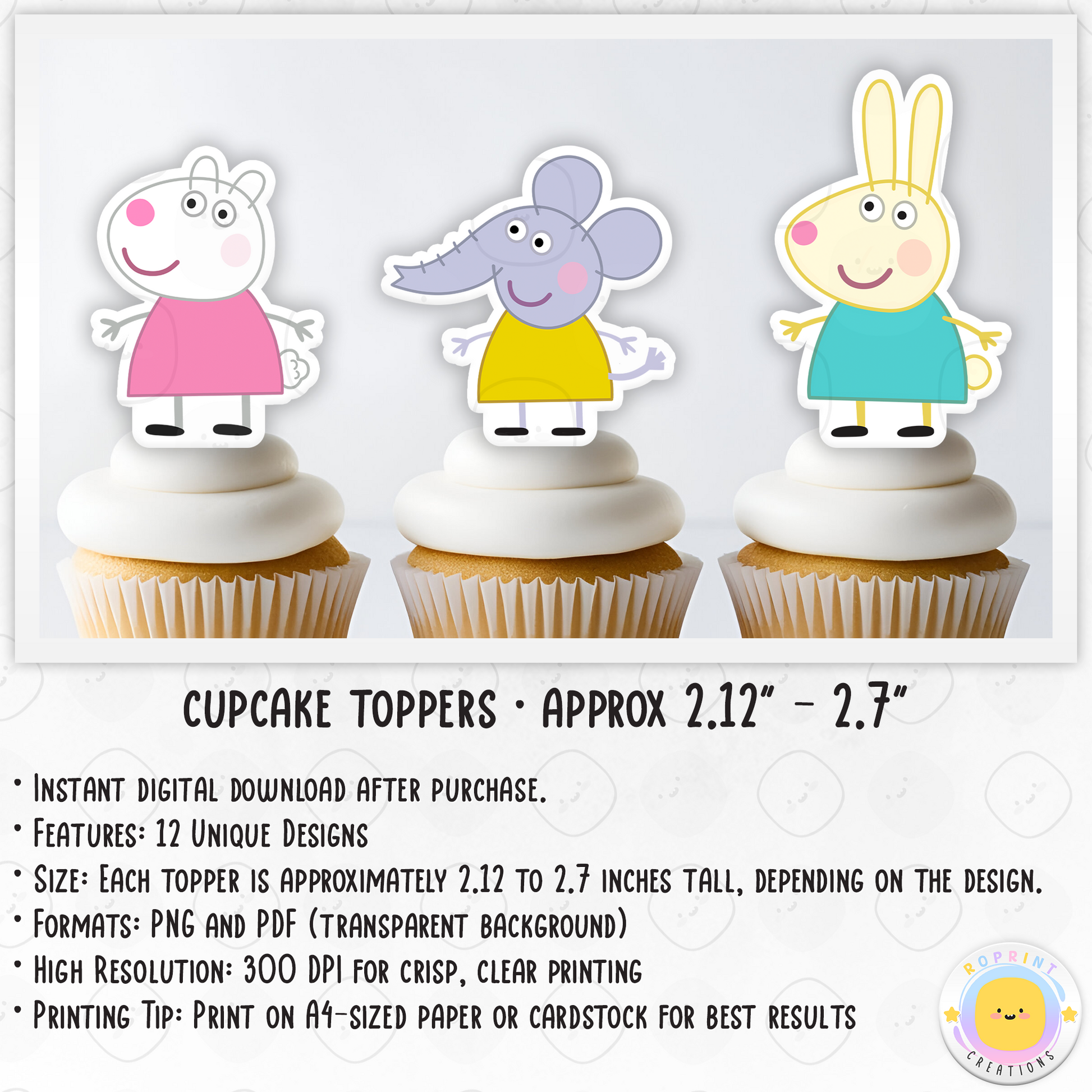 Peppa Pig Cupcake Toppers - Peppa Pig Birthday Cupcake Toppers. Add a fun touch to your celebration with these Peppa Pig Cupcake Toppers! Instantly download, print, and assemble for a unique party decoration. These toppers can also be printed on edible paper or sticker paper to create fun stickers. Digital file only.