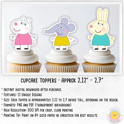 Peppa Pig Cupcake Toppers - Peppa Pig Birthday Cupcake Toppers. Add a fun touch to your celebration with these Peppa Pig Cupcake Toppers! Instantly download, print, and assemble for a unique party decoration. These toppers can also be printed on edible paper or sticker paper to create fun stickers. Digital file only.