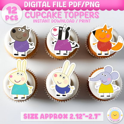 Peppa Pig Cupcake Toppers - Peppa Pig Birthday Cupcake Toppers. Add a fun touch to your celebration with these Peppa Pig Cupcake Toppers! Instantly download, print, and assemble for a unique party decoration. These toppers can also be printed on edible paper or sticker paper to create fun stickers. Digital file only.