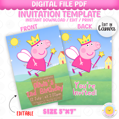 Celebrate your little one’s birthday with this Peppa Pig Fairy Princess 2nd Birthday Invitation! Easily edit, download, print, or share digitally for a fun and stress-free party invite.