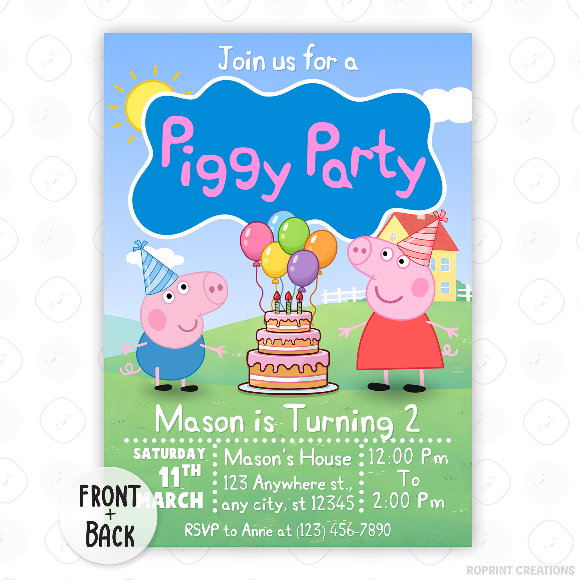 Celebrate your little one’s birthday with this Peppa Pig &amp; George 2nd Birthday Invitation! Easily edit, download, print, or share digitally for a fun and stress-free party invite.
