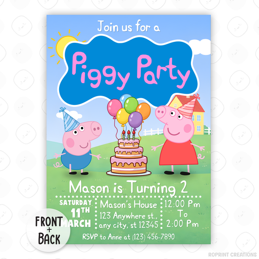 Celebrate your little one’s birthday with this Peppa Pig &amp; George 2nd Birthday Invitation! Easily edit, download, print, or share digitally for a fun and stress-free party invite.
