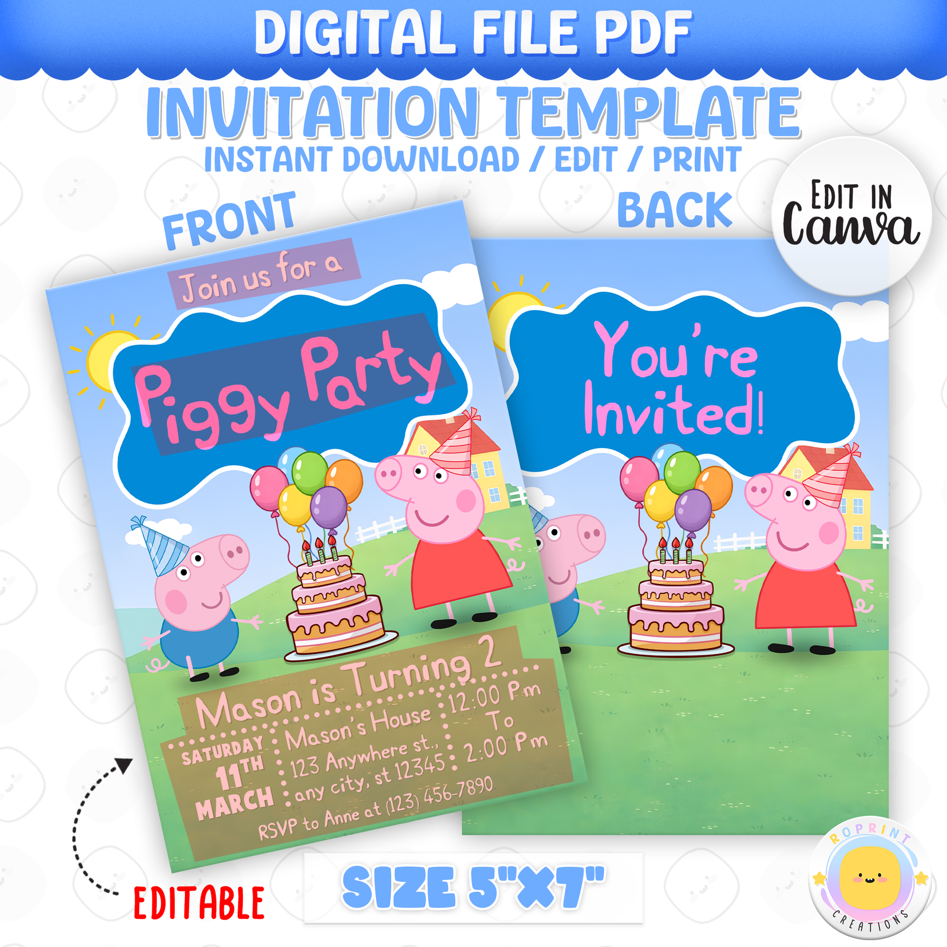 Peppa Pig-themed birthday party invitation template with editable text on a blue background.