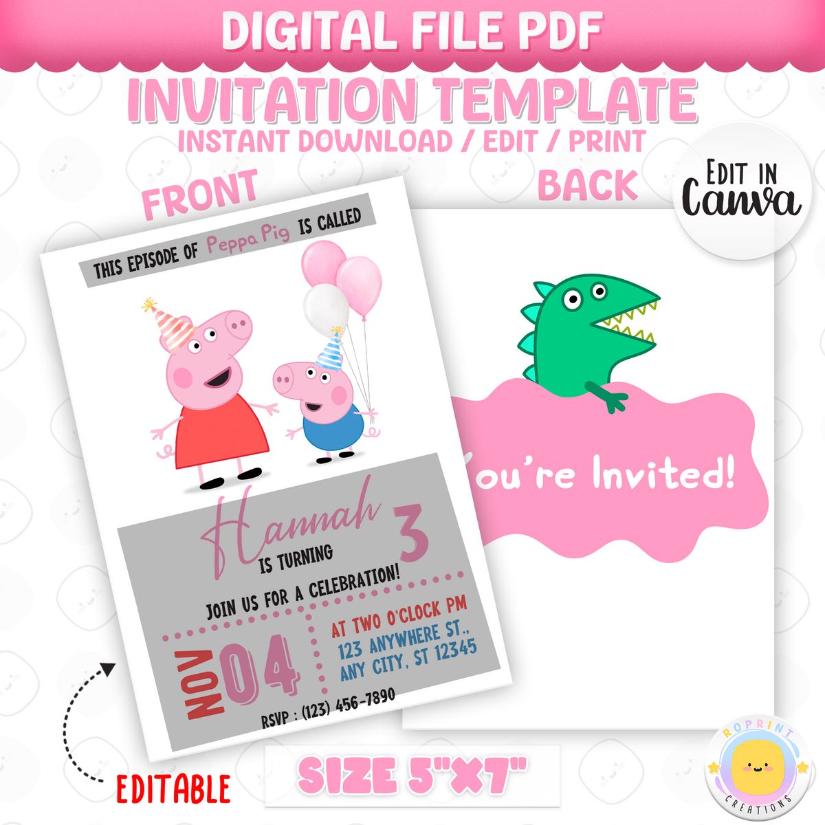 Peppa Pig Invitation Template - Editable Peppa Pig Birthday Invite - Instant Download