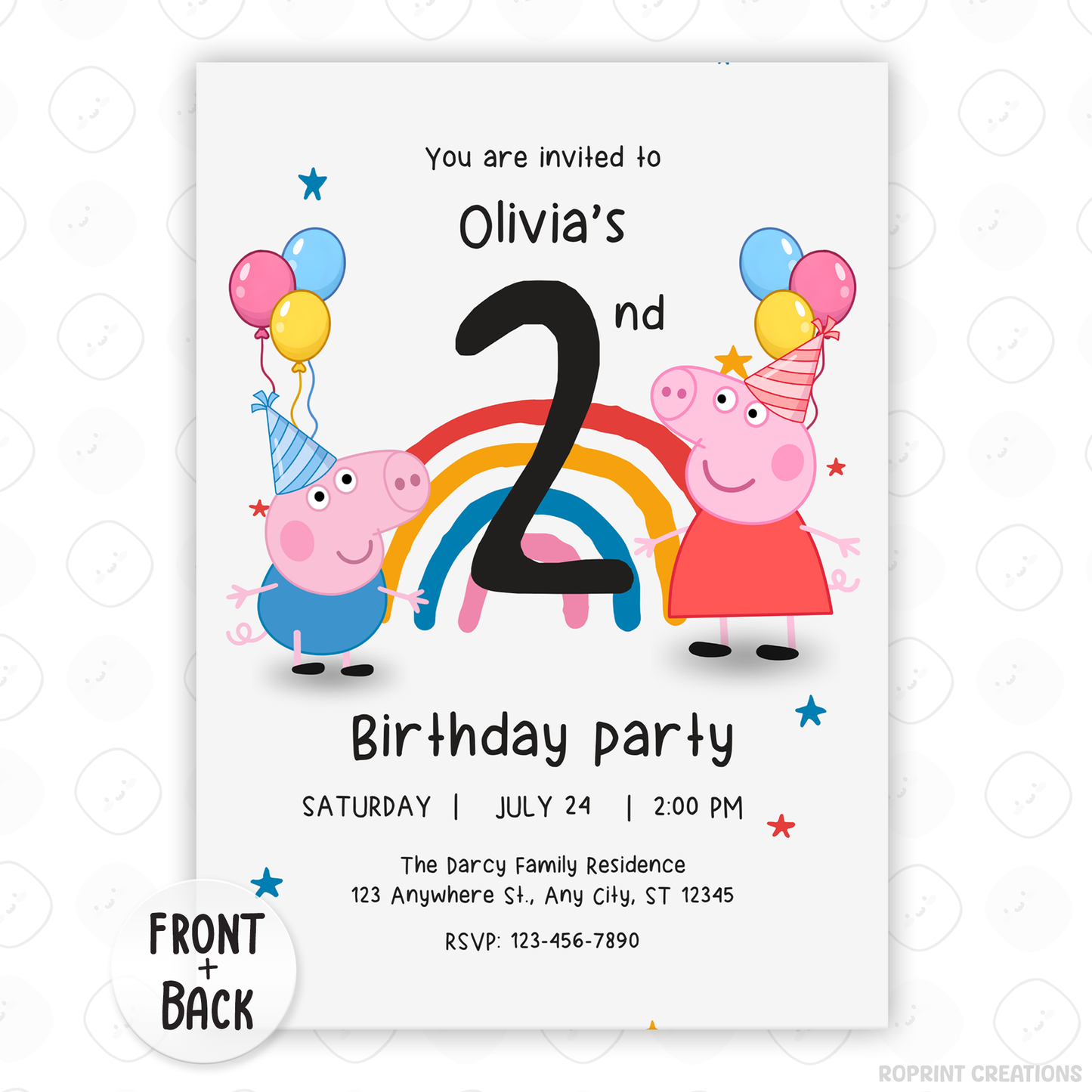 Celebrate your little one’s birthday with this Peppa Pig Rainbow 2nd Birthday Invitation! Easily edit, download, print, or share digitally for a fun and stress-free party invite.