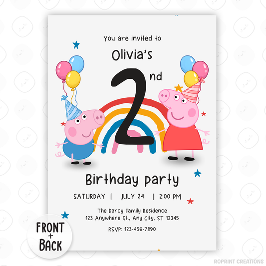 Celebrate your little one’s birthday with this Peppa Pig Rainbow 2nd Birthday Invitation! Easily edit, download, print, or share digitally for a fun and stress-free party invite.