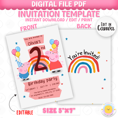 Celebrate your little one’s birthday with this Peppa Pig Rainbow 2nd Birthday Invitation! Easily edit, download, print, or share digitally for a fun and stress-free party invite.