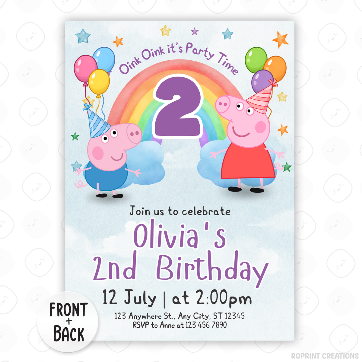 Birthday invitation card with Peppa Pig and George Pig, rainbow, and balloons on a light blue background.