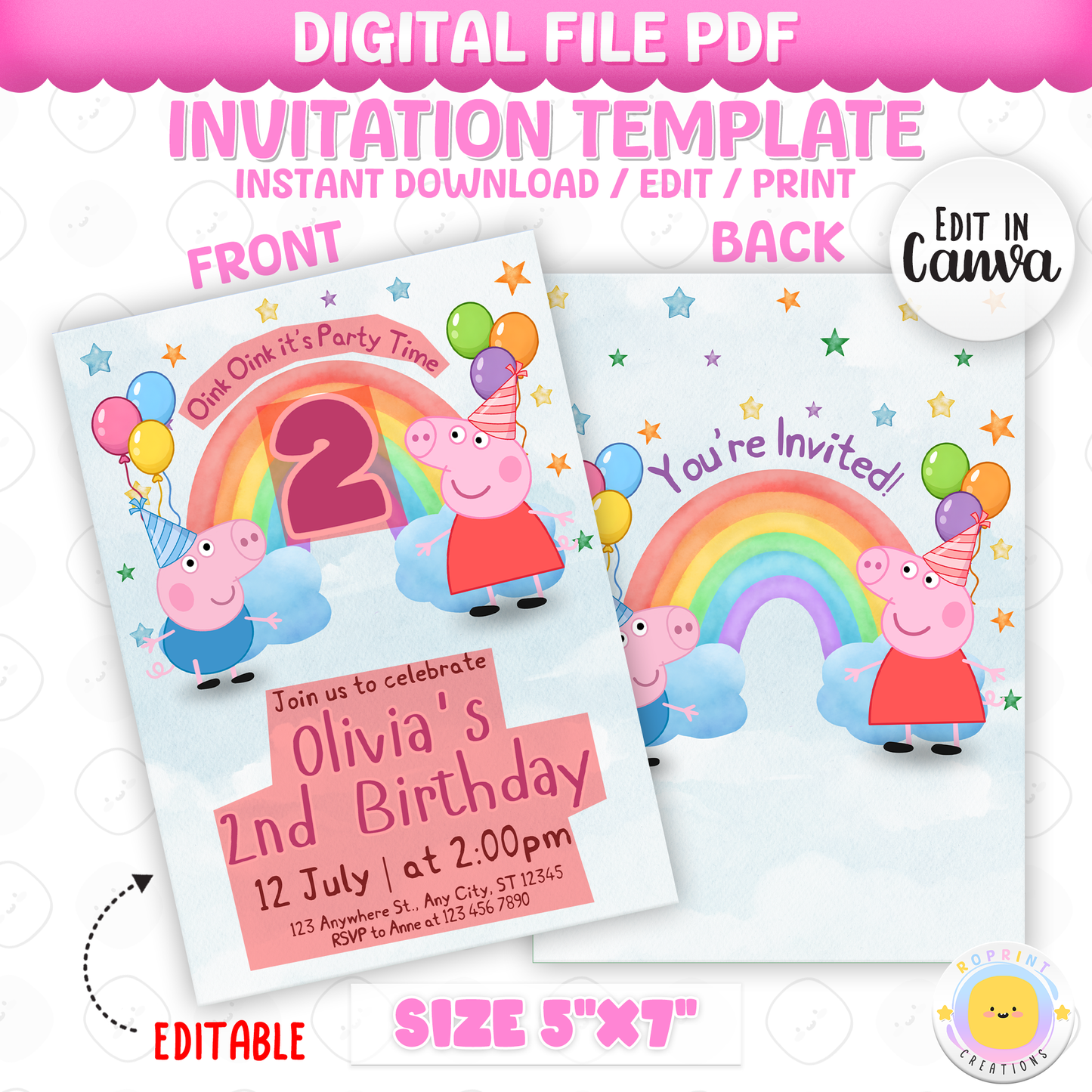 Peppa Pig birthday invitation template with rainbow and balloons on a white background