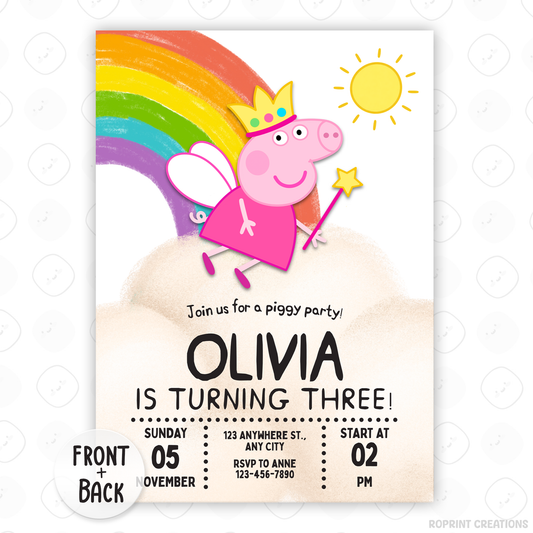 Birthday party invitation with a fairy-themed pig character, rainbow, and sun on a white background.