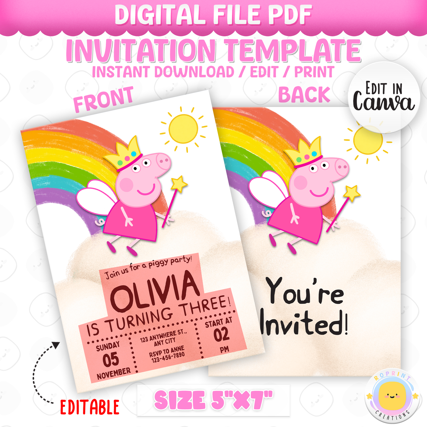 Digital invitation template with a fairy-themed design featuring a character, rainbow, and sun on a white background.
