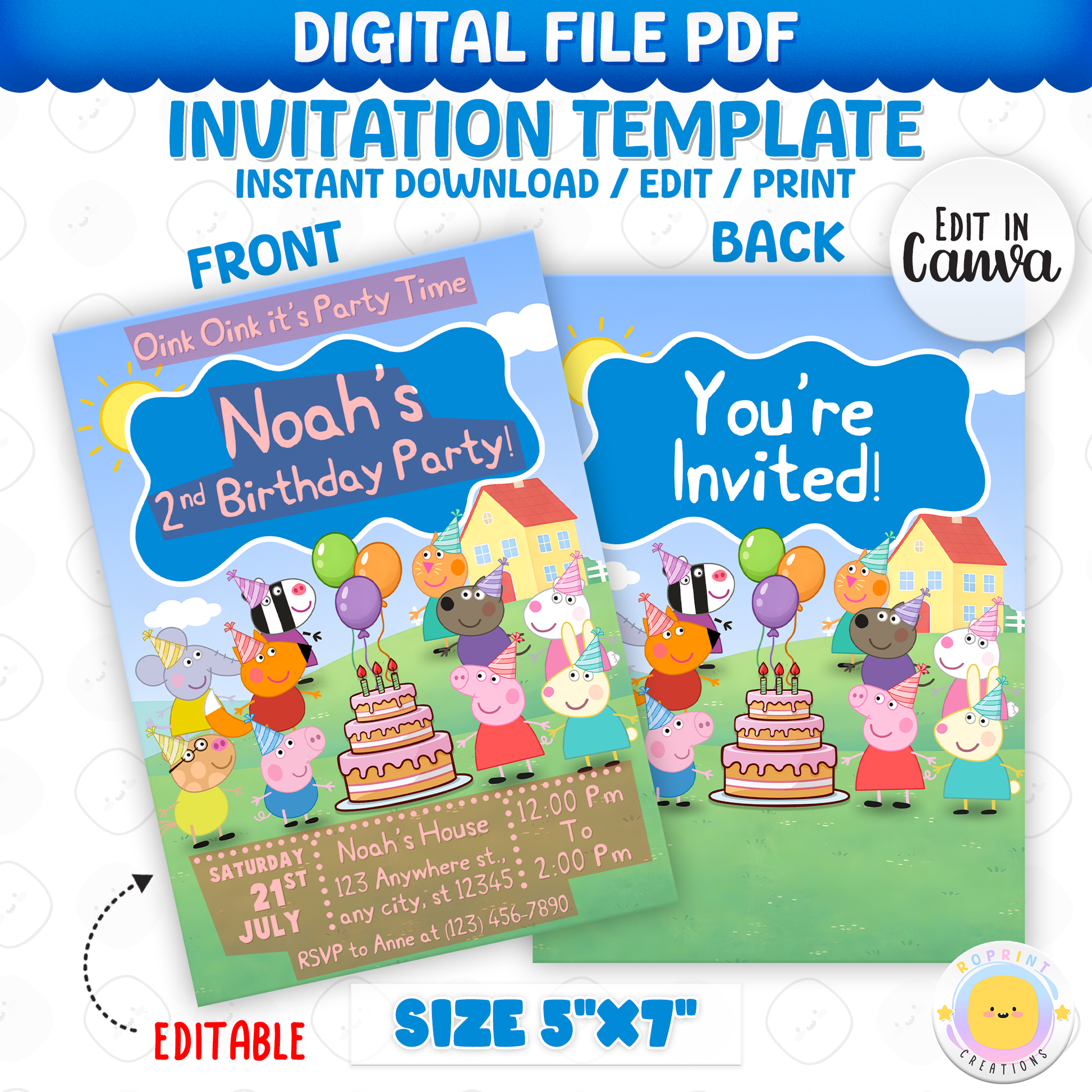 Celebrate your little one’s birthday with this Cute Peppa Pig and Friends 2nd Birthday Invitation! Easily edit, download, print, or share digitally for a fun and stress-free party invite.