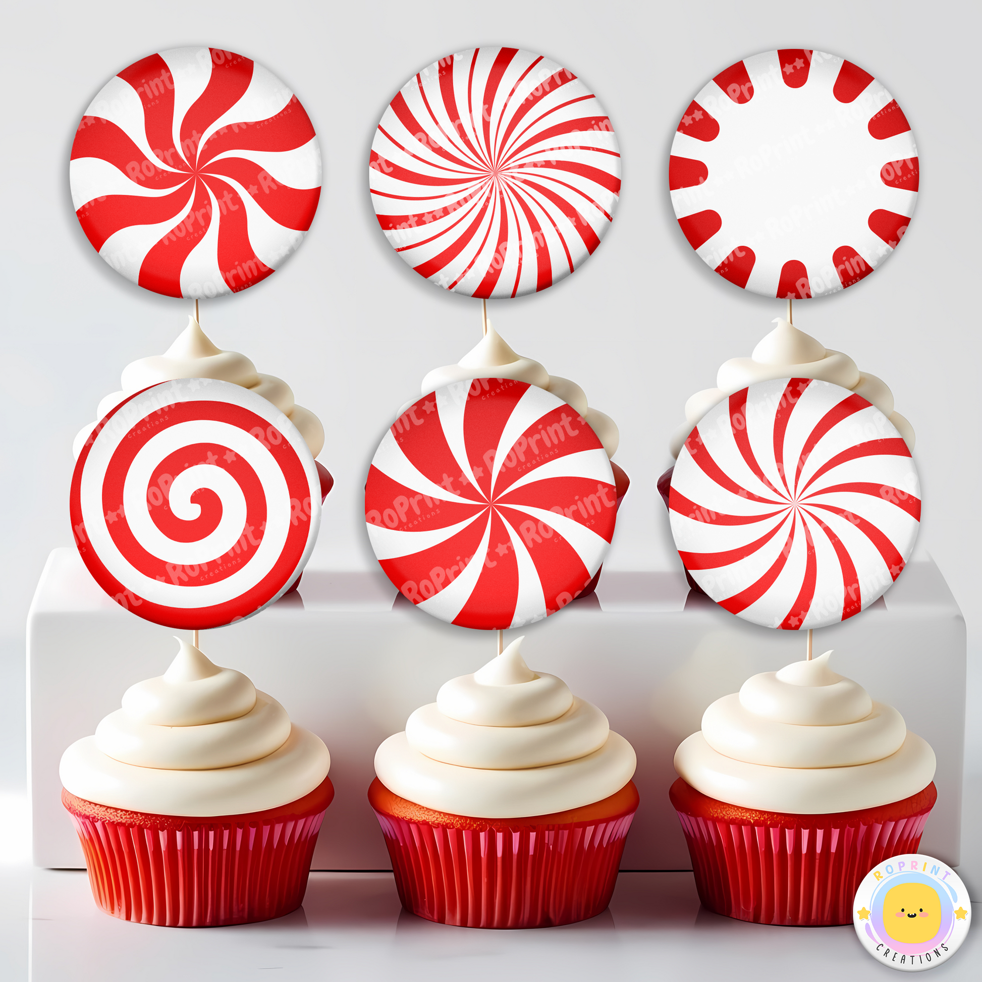 Digital printable peppermint candy cupcake toppers, perfect for festive holiday parties and sweet treats.