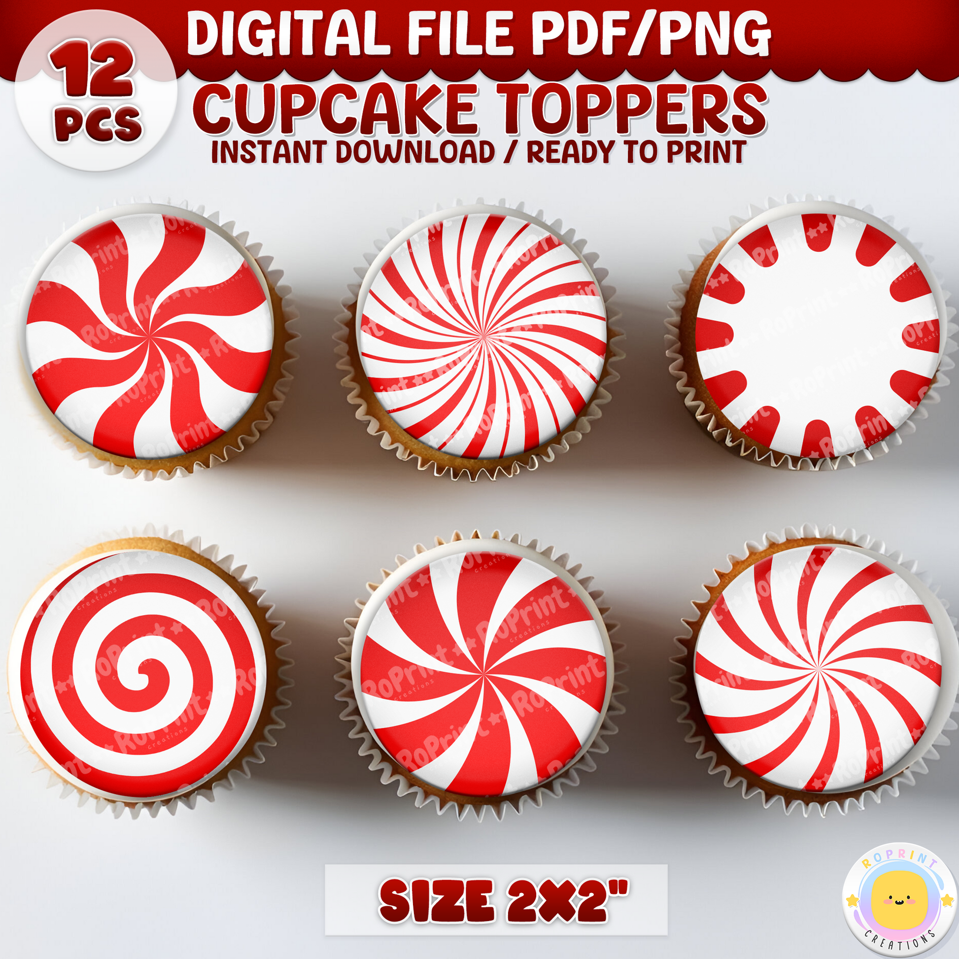 Digital printable peppermint candy cupcake toppers, perfect for festive holiday parties and sweet treats.