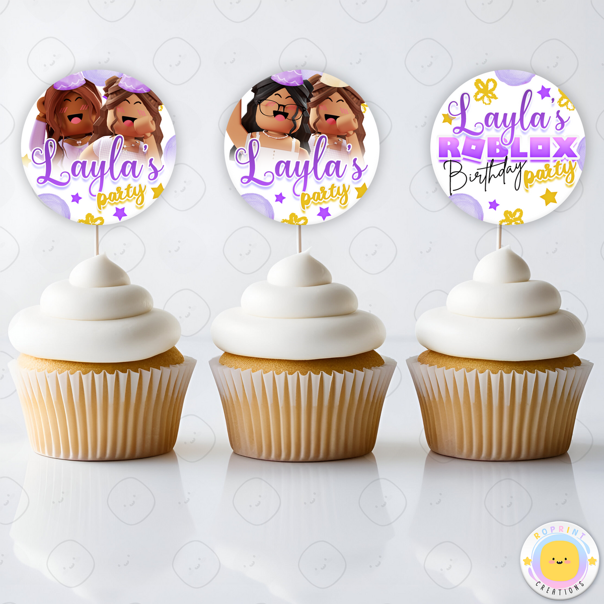 Personalized Roblox Girl Birthday Cupcake Toppers – Easily editable in Canva! Featuring a fun pink theme, perfect for adding a custom touch to your child's birthday celebration.