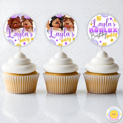 Personalized Roblox Girl Birthday Cupcake Toppers – Easily editable in Canva! Featuring a fun pink theme, perfect for adding a custom touch to your child's birthday celebration.