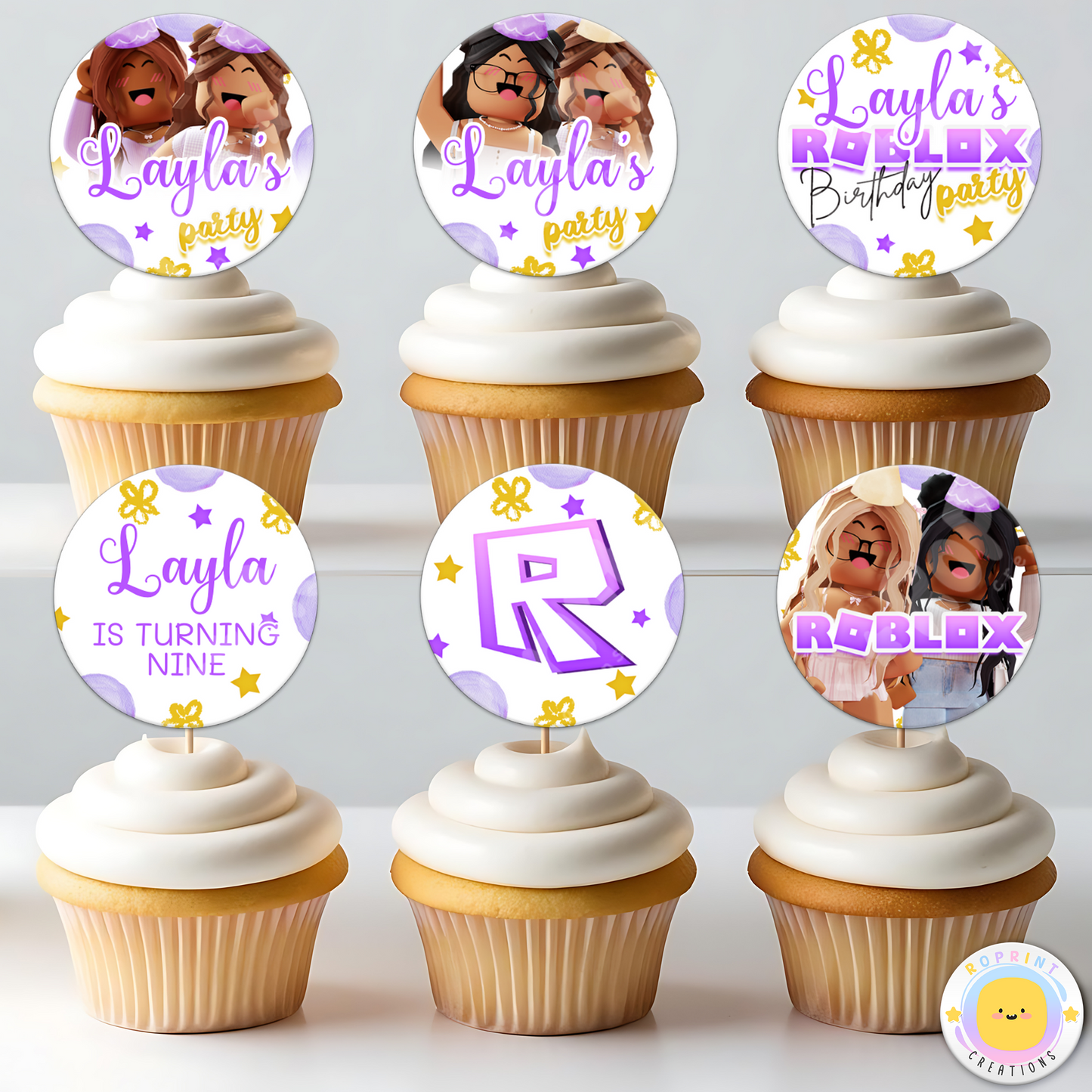 Personalized Roblox Girl Birthday Cupcake Toppers – Easily editable in Canva! Featuring a fun pink theme, perfect for adding a custom touch to your child's birthday celebration.