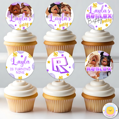 Personalized Roblox Girl Birthday Cupcake Toppers – Easily editable in Canva! Featuring a fun pink theme, perfect for adding a custom touch to your child's birthday celebration.