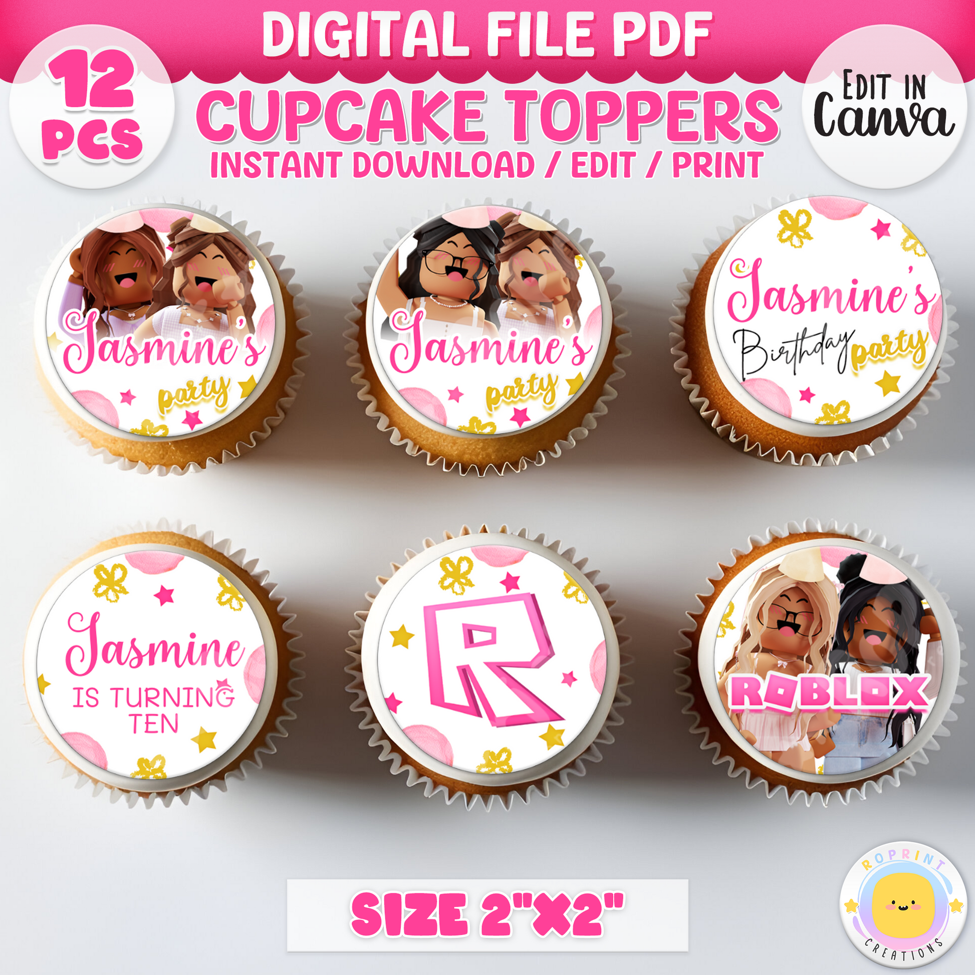Personalized Roblox Girl Birthday Cupcake Toppers – Easily editable in Canva! Featuring a fun pink theme, perfect for adding a custom touch to your child's birthday celebration.