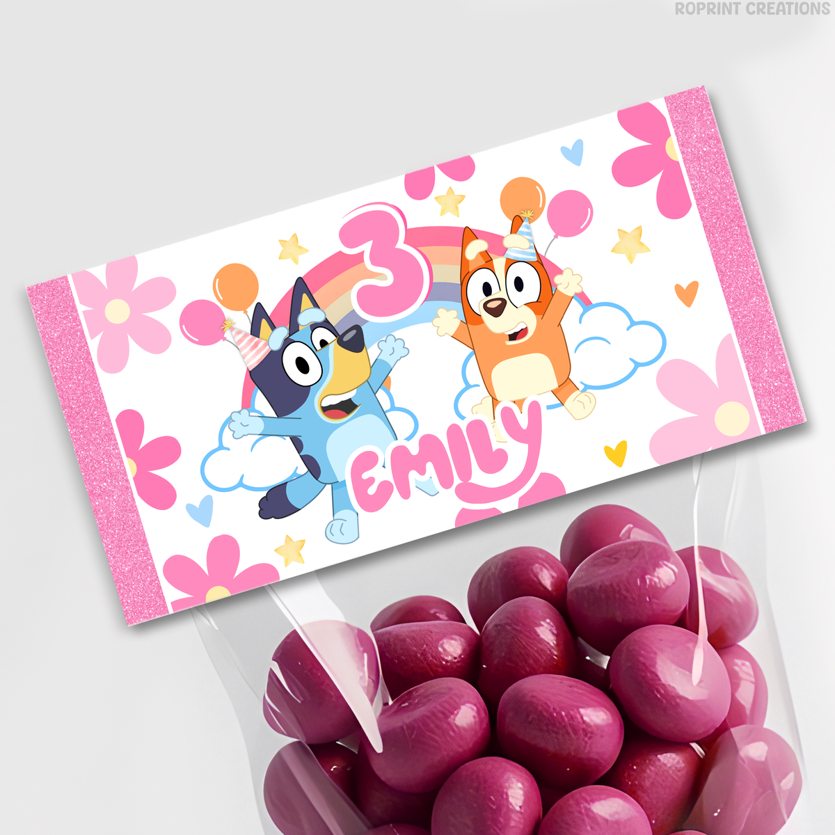 Pink Bluey birthday party favor templates, editable Bluey printable party favors for kids birthday party