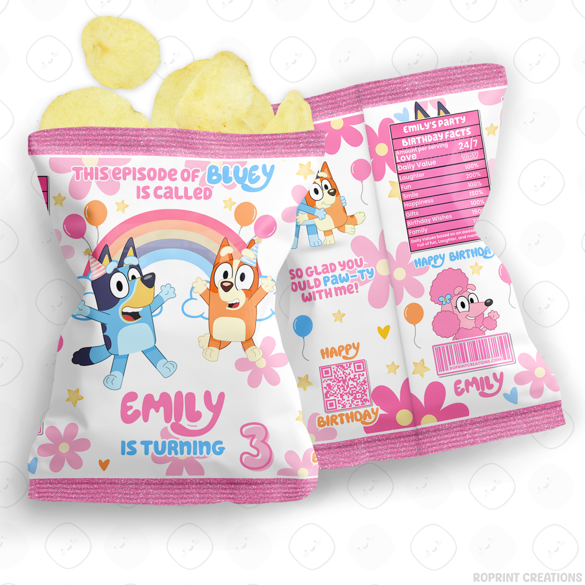 Pink Bluey birthday party favor templates, editable Bluey printable party favors for kids birthday party