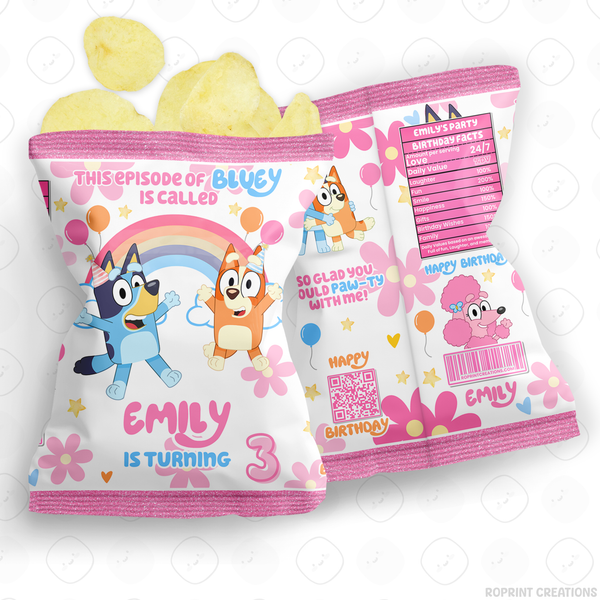 Pink Bluey birthday party favor templates, editable Bluey printable party favors for kids birthday party