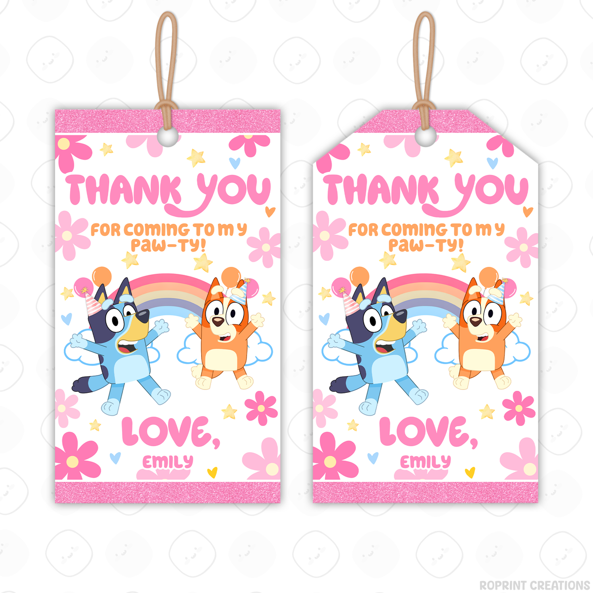 Pink Bluey birthday party favor templates, editable Bluey printable party favors for kids birthday party