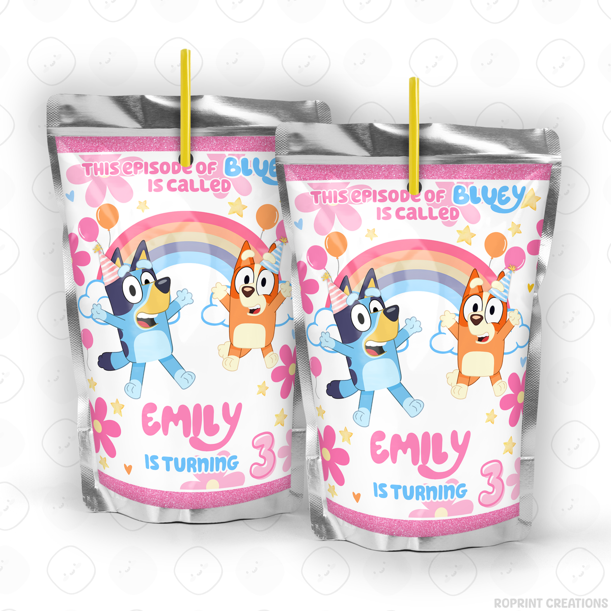 Pink Bluey birthday party favor templates, editable Bluey printable party favors for kids birthday party