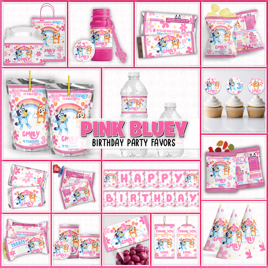 Pink Bluey birthday party favor templates, editable Bluey printable party favors for kids birthday party