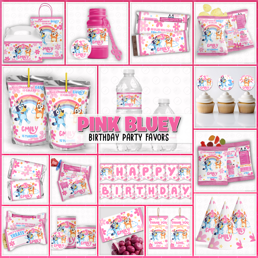 Pink Bluey Birthday Party Favor Templates - Editable Bluey Printable Party Favors